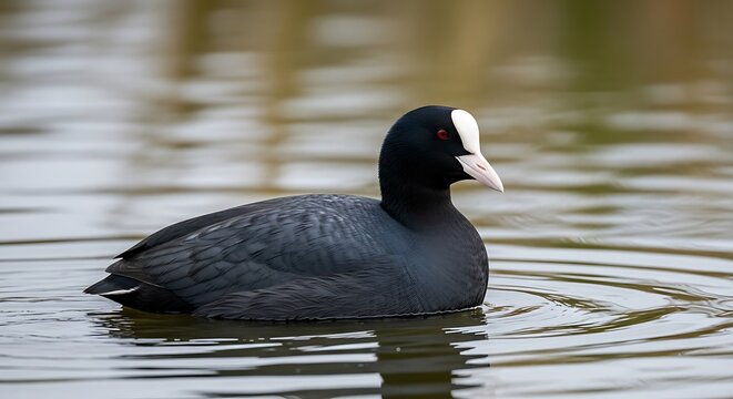 Close up of a eurasian coot bird floating on the calm water surface