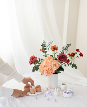 Easter home design. Greeting card. Minimalist white interior.