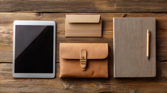 Stylish workspace setup with tablet, envelope, leather pouch, notebook, and pen on rustic wooden table for modern office organization