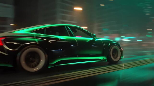 Green Electric Sports Car Speeding Through Futuristic Neon City