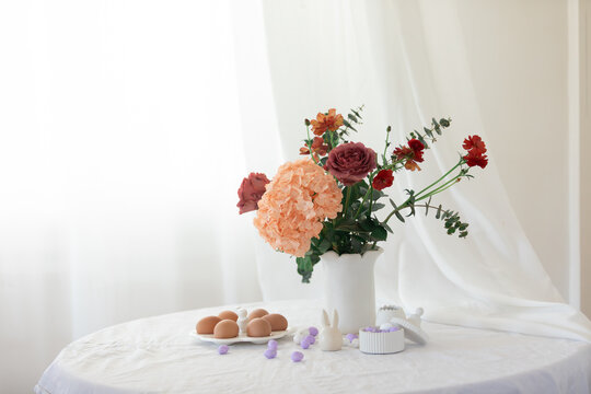 Easter home design. Greeting card. Minimalist white interior.