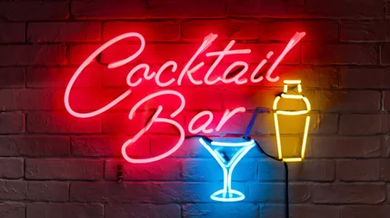 Fototapete Bar Cocktail Bar neon sign glowing on brick wall  © kardaska