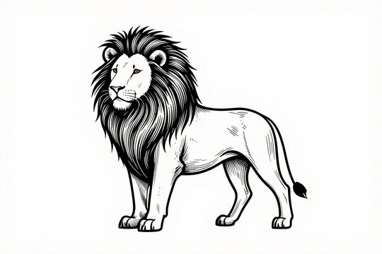 Golden lion stands with pride, mane flowing.