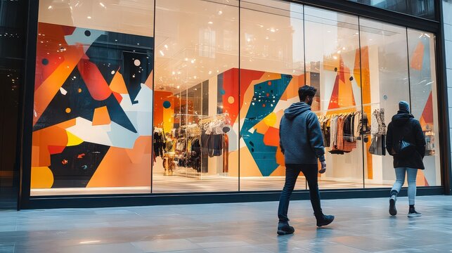 People walking past a modern retail clothing store with colorful abstract window display art in a city street at night