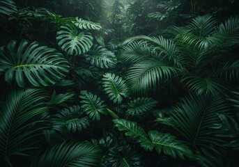 Fototapeta premium Lush green fern leaves in dense tropical rainforest with natural sunlight filtering
