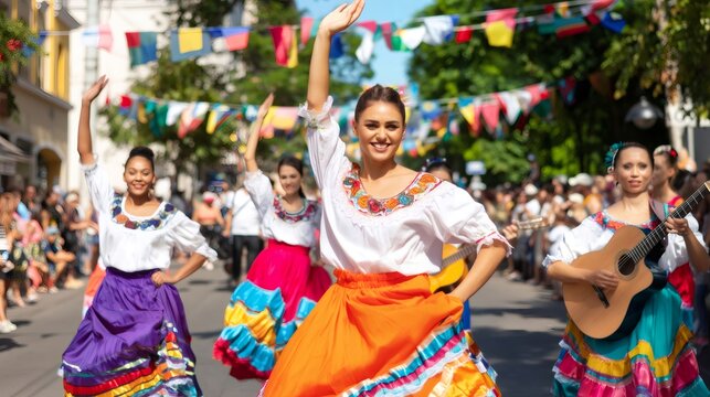 Hispanic women dancing folk during a traditional Latin American festival