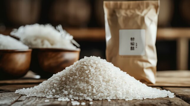 Heap of raw white rice grains on rustic wooden table with paper packaging bag in background