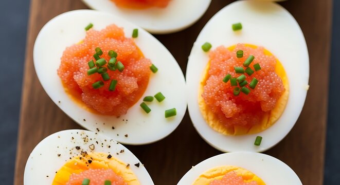 Close up of deviled eggs with red filling and chives on a wooden board