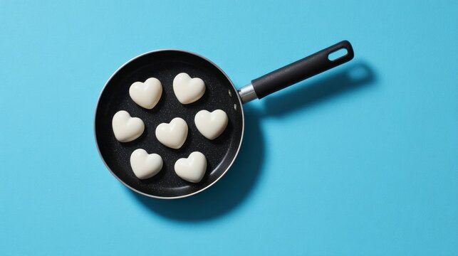 Overhead shot of a black non-stick pan with seven heart-shaped, off-white pastries. Set on a light blue surface with the pan handle angled