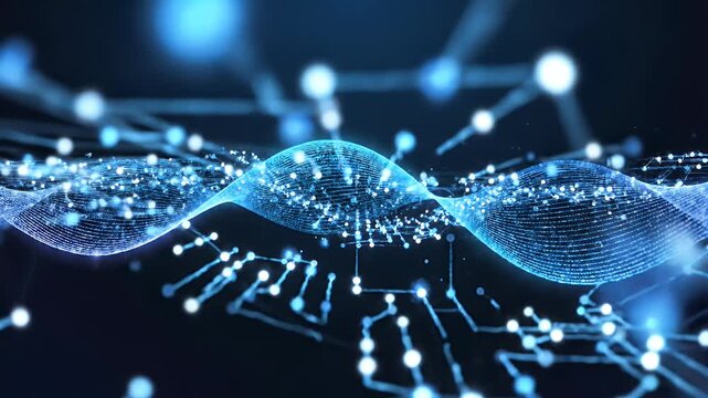 A vibrant, abstract digital artwork showcases a flowing, luminous wave composed of interconnected particles against a deep blue background, evoking themes of data, energy, and futuristic technology.