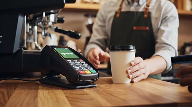 A close-up shot depicts a person making a contactless payment at a coffee shop counter, with a barista blurred in the background.