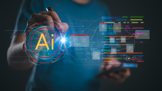 Programmer touching artificial intelligence AI glowing hologram machine learning workflow automation flowchart software developer future technology concept.