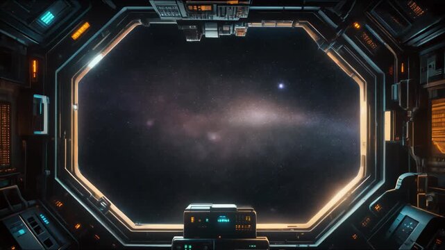 View of a star-filled galaxy seen through a sci-fi spacecraft window with illuminated cockpit edges and consoles