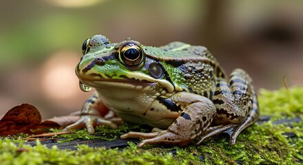 Obraz premium Close up of a vibrant green frog resting on mossy surface outdoors
