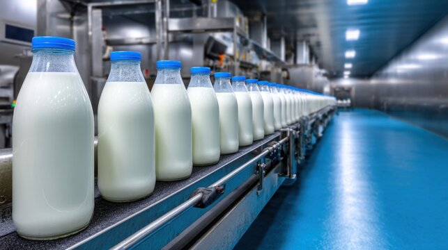 Bottles of Fresh Milk on Conveyor Belt in Modern Dairy Processing Plant Environment