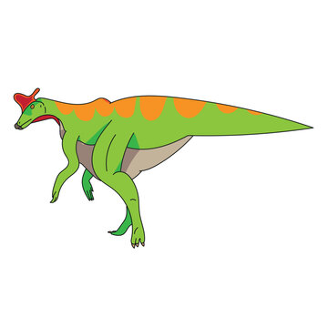 A flat vector illustration of a purple Lambeosaurus with its unique crest. Modern character design for prehistoric wildlife themes, children's books, and educational graphics