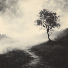Naklejka premium Winding path leading to a solitary tree in foggy hills
