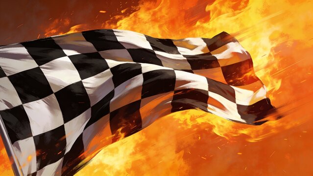 A Flaming Checkered Flag Waving Fiercely, Symbolizing Victory and Intense Competition on the Track