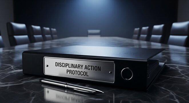 A black binder labeled Disciplinary Action Protocol sits on a conference table