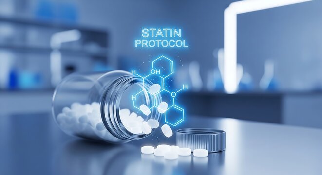 A bottle of white pills spilled on a laboratory table with a statin protocol graphic
