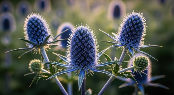 Close-up of Blue Thistle Flowers in Soft Sunlight.