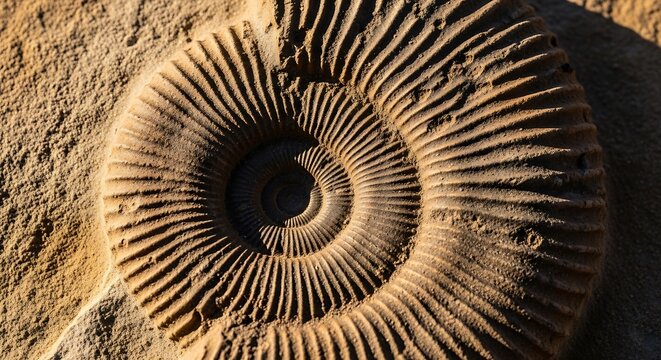 Close up of fossilized ammonite shell in stone surface details