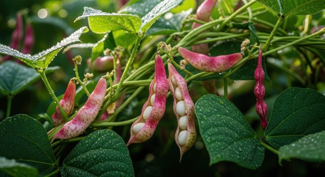 Close-up of vibrant pink and green bean pods growing on a lush plant.