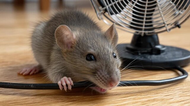 A curious rat nibbles on a black electrical wire next to a small fan on a wooden floor surface.
