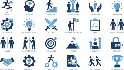 Fototapeta premium Business Challenge and Success Icon Set Featuring Competition, Teamwork, Problem Solving, Growth, Achievement, Strategy, Innovation, and Leadership Concepts