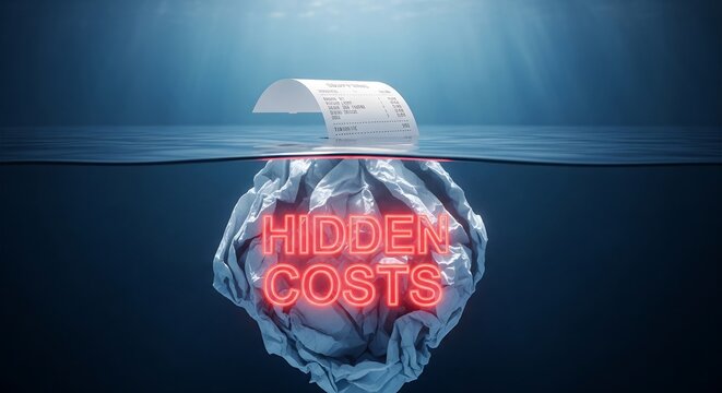 A large ice cube with hidden costs sinking in the ocean with a receipt on top