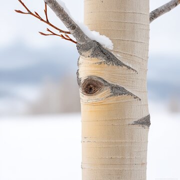 Close up of an aspen tree trunk with eye shaped knot in winter snow