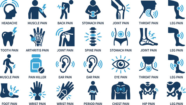 Medical Pain and Health Symptoms Icon Set Featuring Headache, Back Pain, Joint Pain, Ear Pain, Chest Pain, Injury, and Body Ache Illustrations