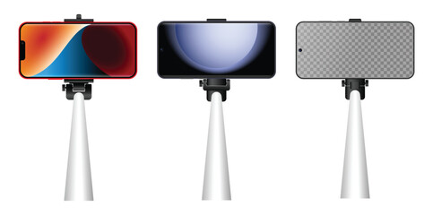 Modern smartphone mounted on a selfie stick tripod shown from multiple screen variations, isolated on white background. Portable device setup commonly used for video recording, vlogging, live   © coolvectormaker