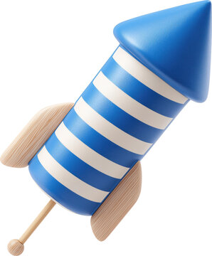 3d rendering of a blue and white striped firework rocket toy isolated on transparent background.