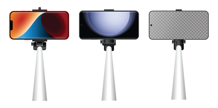 Modern smartphone mounted on a selfie stick tripod shown from multiple screen variations, isolated on white background. Portable device setup commonly used for video recording, vlogging, live  