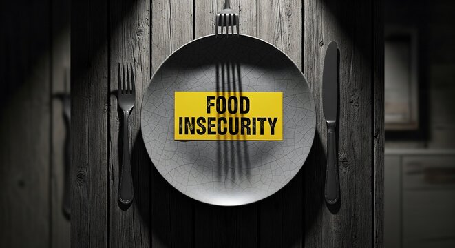 A plate with a sign indicating food insecurity on a wooden table