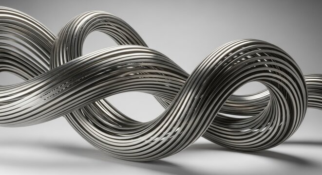 A twisted metal cable with a smooth gray background and subtle shadows