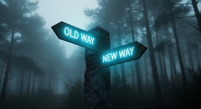 A signpost in a dark forest with old and new paths