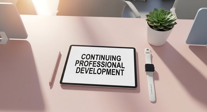 A tablet with continuing professional development text on a pink desk with office supplies