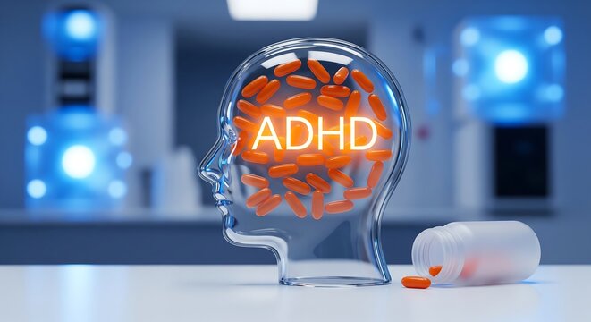 A transparent head filled with ADHD medication pills on a laboratory table