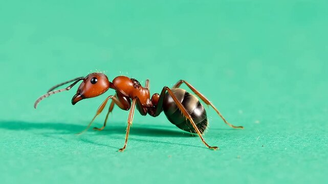 Close-up macro photograph of a single red ant against a solid teal background
