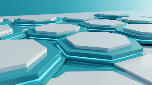 A striking abstract composition features interlocking teal and white hexagonal and rectangular shapes, creating a dynamic and modern visual texture.