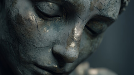 Obraz premium Statue of a peaceful face sculpture close-up, revealing intricate details, a close up shot of a tranquil face with closed eyes.