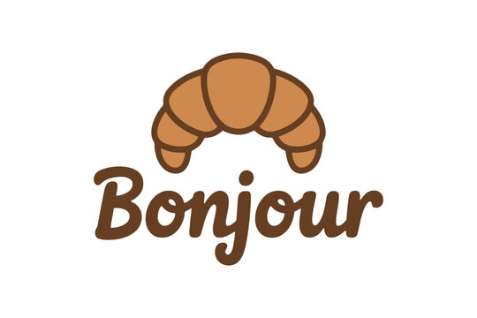 Golden croissant above the word bonjour in brown cursive font