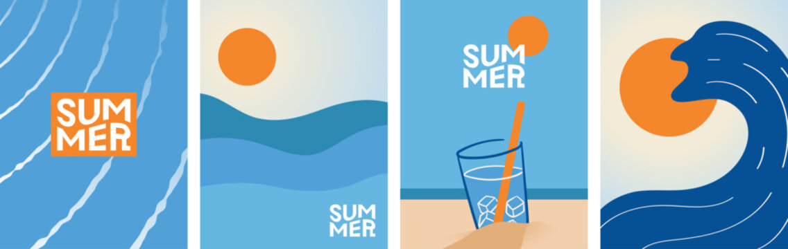 Summer. Vector illustration of wave, sea, sun and a glass of ice water on beach sand. Minimalist poster design.