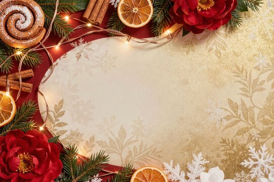 Cozy holiday flat lay with a cinnamon roll dried oranges red flowers and fairy lights around a textured gold leaf pattern center.
