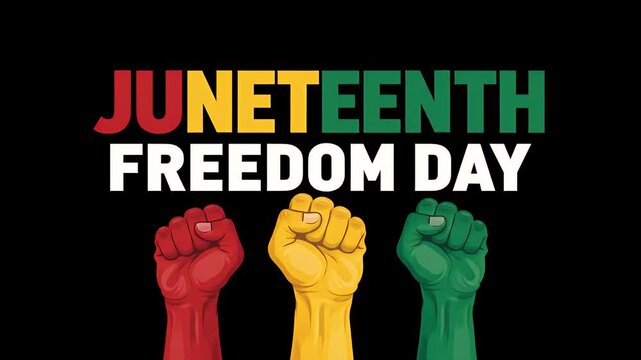 Juneteenth freedom day celebration with raised fists in red yellow and green colors representing african heritage