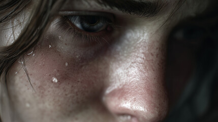 Fototapeta premium Close-up view of a person with tears running down face and reflecting sorrow