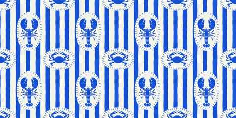 Obraz na płótnie Canvas Vintage lobster seamless pattern. Italian sea food background illustration in hand drawn style. Retro mediterranean beach surface print design, summer vacation texture.
