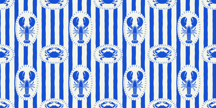 Vintage lobster seamless pattern. Italian sea food background illustration in hand drawn style. Retro mediterranean beach surface print design, summer vacation texture.